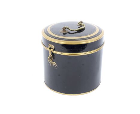 A vintage black painted tin wig box by Ede and Ravenscroft, London. Of cylindrical form, with gilt bands and brass swing hand