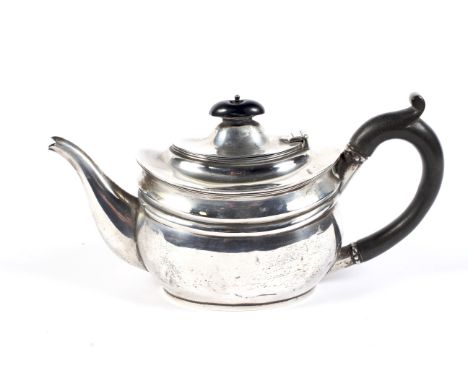 A silver small oval teapot. With an ebonised handle and finial, retailed by 'Charles Desprez, Bristol Silversmith', the marks