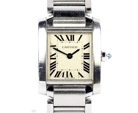 Cartier, Tank Francaise, a lady's stainless steel bracelet watch. Circa 2005, ref 2384, the silvered dial with black Roman nu