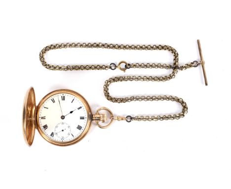 A 9ct gold hunter cased keyless pocket watch, circa 1924. Swiss 15 jewel lever movement, white enamel dial with black Roman n