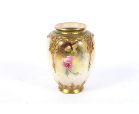 A Royal Worcester blush ivory ground vase with roses. Painted with pink roses and foliage within scroll-moulded shot silk bor