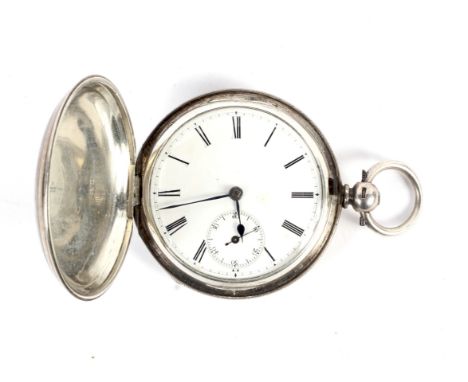 A 19th century silver case hunter pocket watch. Fusee movement no 96916 with dust cover. With a white enamel dial, Roman nume