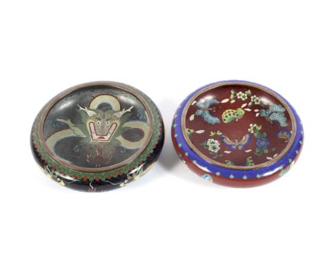 Two 20th century Chinese cloisonne enamel brush washer shallow bowls. The first decorated with a dragon and flaming pearl to 
