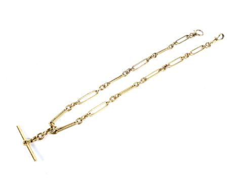 An Edwardian 18ct gold fetter-and-three 'Albert' or watch chain. Each link stamped with a crown and '18ct', with a 'T' bar an