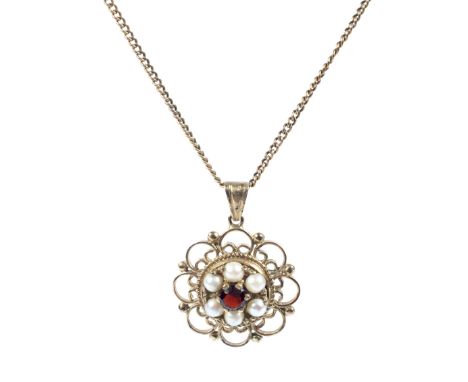 A vintage 9ct gold, garnet and cultured-half-pearl cluster pendant and chain. The pendant centred with a round mixed-cut alma