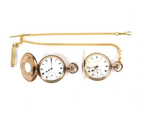 Two pocket watches comprising; a gilt hunter and a half-hunter by Elgin and Dennison; together with an 'Albert' or watch chai