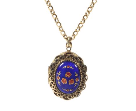 A vintage 9ct gold and enamel oval locket, and a chain. The front of the locket enamelled with three red roses within small s