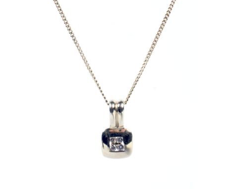 A modern 9ct gold and diamond square pendant and a chain. The pendant inset with four small round brilliant diamonds, post-20