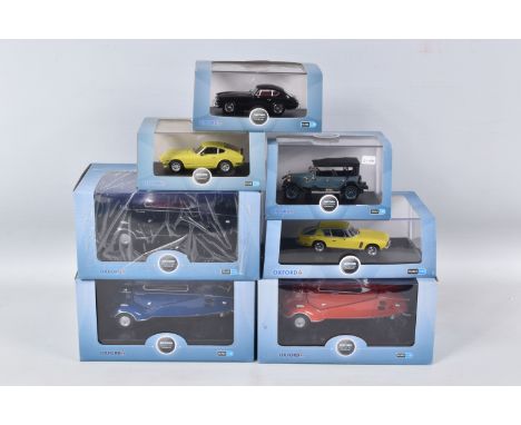 SEVEN BOXED DIECAST OXFORD VEHICLES, to include a 1:43 scale AC Aceca Vineyard Green, numbered 43ACE001, a 1:43 scale Datsun 