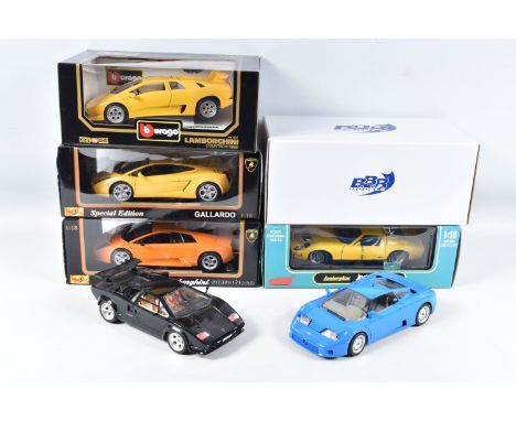 FIVE BOXED AND TWO LOOSE DIECAST MODEL VEHICLES, to include a Bburago Lamborghini Countach 1988 numbered 3037, a 1:18 scale B