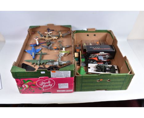 THREE BOXES OF BOXED AND UNBOXED MODEL VEHICLES AND AIRCRAFTS, some of the model aircrafts include a Dinky Toys Beechcraft S 