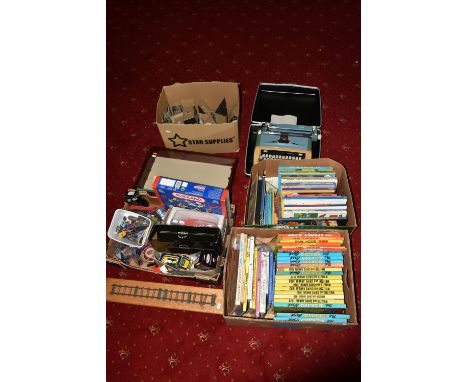 A LARGE QUANTITY OF MIXED TOYS AND BOOKS, to include a tray containing model cars boxed and unboxed, such as a Corgi Mini 7 D