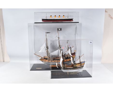 THREE CONSTRUCTED REVELL PLASTIC KITS OF BRITISH SHIPS ALL HOUSED IN PERSPEX DISPLAY CASES, 'Mayflower', 'R.M.S. 'Titanic' an