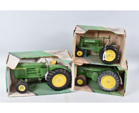 THREE BOXED ERTL DIECAST JOHN DEERE TRACTOR MODELS,  1/16 scale, 1939 Model A, No.539DO, Model R, No.544 and 5020, No.555, al