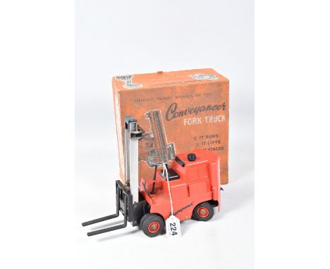 A BOXED VICTORY INDUSTRIES PLASTIC BATTERY OPERATED CONVEYANCER FORK LIFT TRUCK MODEL, 1/14 scale, not tested, but appears la