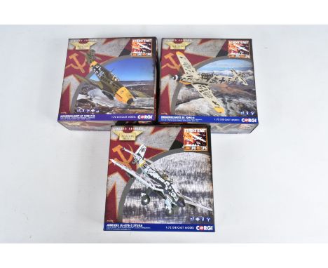 THREE BOXED 1:72 SCALE LIMITED EDITION CORGI AVIATION ARCHIVE STRIKE EAST MODEL AIRCRAFTS,  the first a Messerschmitt BF 109E