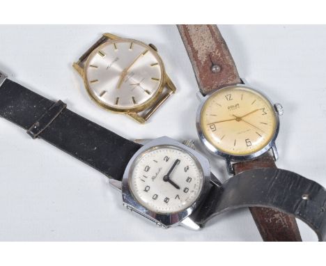 THREE WRISTWACTHES, to include a gold plated, manual wind 'Montine' watch head, a 'Polan' manual wind wristwatch, fitted with