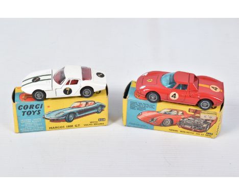 TWO BOXED CORGI TOYS SPORTS CAR MODELS, Ferrari Berlinetta 250 Le Mans, No.314 and Marcos 1800 G.T., No.324, in white with tw