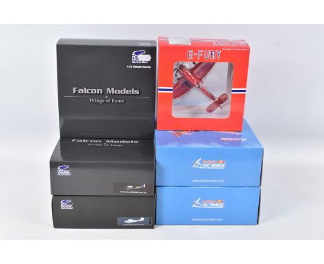 SIX BOXED DIECAST MODEL AIRCRAFTS, the first is a G-Fury 1:72 scale model numbered WTW-72-015-00A, the second is a Falcon Mod