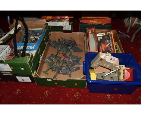 SIX BOXES OF MODEL AIRCRAFTS, VEHICLES AND BUILDINGS, to include a selection of model aircrafts, model military vehicles and 