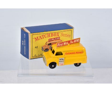 BOXED MATCHBOX SERIES DIECAST BEDFORD CA 'EVENING NEWS' VAN, No.42, rarer version with black plastic wheels, in very good con