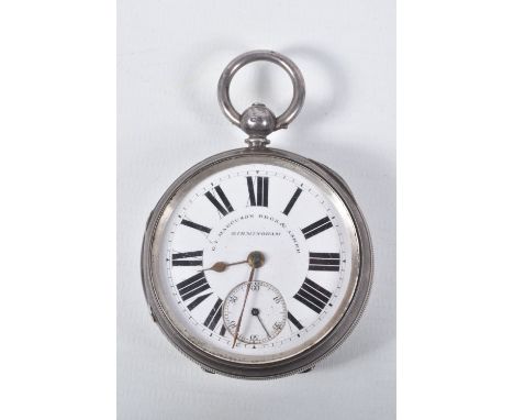 A LATE VICTORIAN SILVER OPEN FACE POCKET WATCH, key wound, round white dial signed 'D.I.MARCUSON BROS &amp; ASHER, BIRMINGHAM