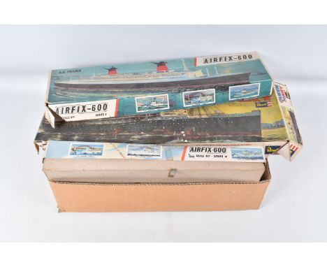 SIX BOXED UNBUILT MODEL SHIP KITS, the first is an Airfix-600 S.S. FRANCE numbered F6025, a Revell 1:131 scale U.S.S. Defianc