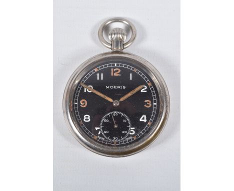 A MILITARY 'MOERIS' OPEN FACE POCKET WATCH, manual wind, round black dial signed 'Moeris', Arabic numerals, worn luminescence