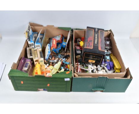 THREE BOXES OF MODEL VEHICLES, FIGURES AND AIRCRAFTS, some boxed and some loose, items include a boxed Maisto Special edition