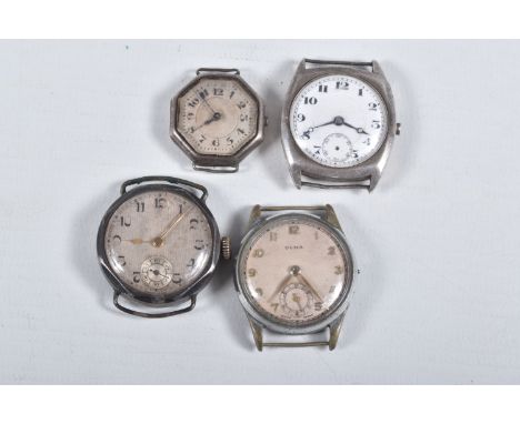 FOUR MID 20TH CENTURY WATCH HEADS, to include a white metal 'Olma' watch head, missing crown, approximate case width 30.9mm, 