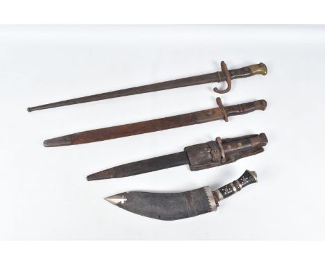 THREE BAYONETS AND A KUKRI STYLE KNIFE, these include a French Graf Bayonet, a 1907 Pattern Bayonet and a 1913 Wilkinson Bayo