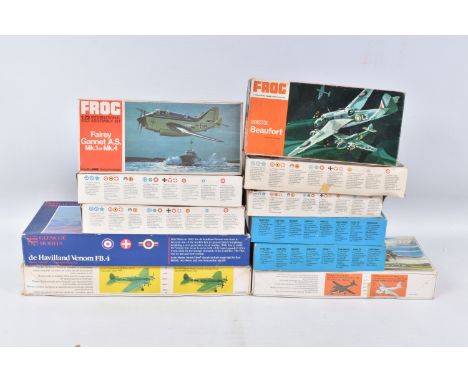 ELEVEN UNBUILT BOXED MODEL AIRCRAFT KITS, made up of Eight 1:72 scale Frog models to include, a Vampire F.B.Mk.5/50 fighter b