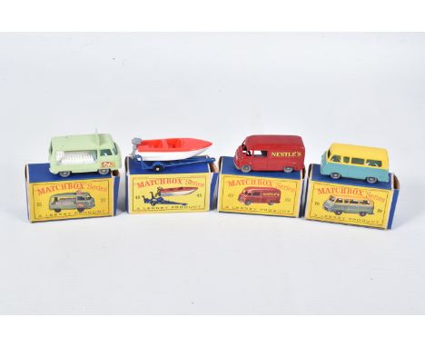 FOUR BOXED MATCHBOX SERIES DIECAST VEHICLES, Commer Milk Float, No.21 , version with cow decal to doors and silver plastic wh