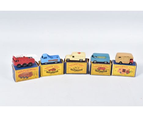 FIVE BOXED MATCHBOX SERIES DIECAST MODELS, Daimler Ambulance, No.14, larger version, cream body with red cross to roof, metal