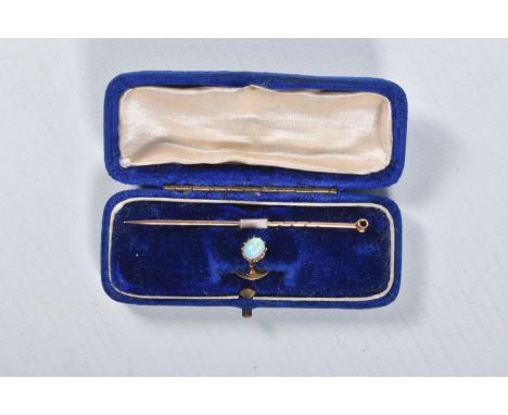 A VICTORIAN 18CT GOLD OPAL STICK PIN/DRESS STUD, oval opal cabochon in a claw setting, removeable, measuring approximately le