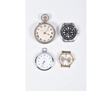 TWO POCKET WATCHES AND TWO WATCHES, to include a manual wind, base metal open face pocket watch, round dial signed 'Superior 