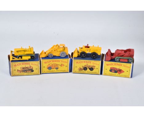 FOUR BOXED MATCHBOX SERIES DIECAST CONSTRUCTION VEHICLES, Caterpillar Bulldozer, No.18, green tracks, black plastic rollers, 