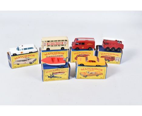 SIX BOXED MATCHBOX SERIES DIECAST MODELS, Chevrolet Impla Taxi No.20, red interior, black plastic wheels, Taxi label, Sports 