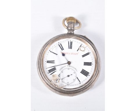 A LATE VICTORIAN SILVER OPEN FACE POCKET WATCH, AF manual wind, round white dial signed 'Tempus Fugit, Railway Timekeeper', R