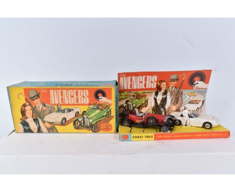 A BOXED CORGI TOYS 'THE AVENGERS' GIFT SET, No.40, appears complete with John Steed's red and black Bentley, Emma Peel's whit