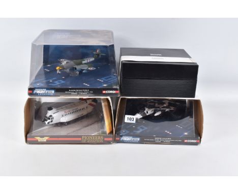 FOUR DIE-CAST CORGI AVIATION MODEL AIRCRAFTS, to include three 1:72 scale Corgi Aviation archive models, the first is a Pione