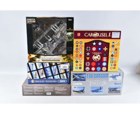 FIVE BOXED AIRCRAFT MODELS,  the first is a 1:48 scale,  Armour Collection F4U Corsair, numbered 98028,  the second an Air Fo