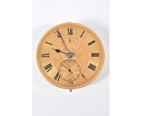 A 'JOHN FOREST LONDON' POCKET WATCH MOVEMENT, key wound, round gold floral pattern dial, signed 'John Forest London', Roman n