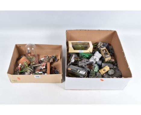 TWO BOXES OF MIXED MODEL MILITARY VEHICLES, FIGURES AND PERSONNEL, to include various model tanks and other military vehicles