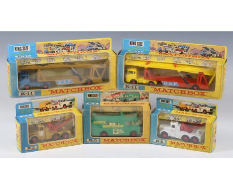 Five Matchbox King Size vehicles, comprising two K-2 Scammell heavy wreck trucks, K-5 racing car transporter and two K-11 DAF