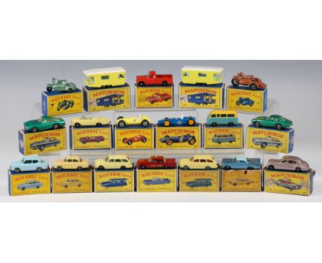 Thirty-five Matchbox Series 1-75 cars and racing cars, including two No. 27 Cadillac sedans, two No. 57 Chevrolet Impalas, No