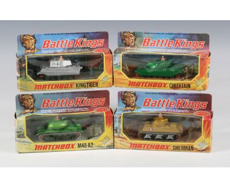 Four Matchbox Battle Kings, comprising K-101 Sherman, K-102 M48-A2, K-103 Chieftain and K-104 King Tiger, all within window b