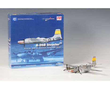 Five HM 1:72 scale model aircraft, comprising F-6F5 'Hellcat', Douglas SBD Dauntless, A-26B Invader, Grumman F6F 'Hellcat' Mk