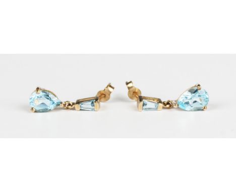 A pair of gold and treated blue topaz pendant earrings with post and butterfly fittings, each butterfly detailed '9K', weight