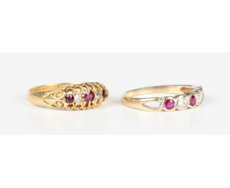 An Edwardian 18ct gold, ruby and diamond five stone ring, claw set with three cushion cut rubies alternating with two cushion